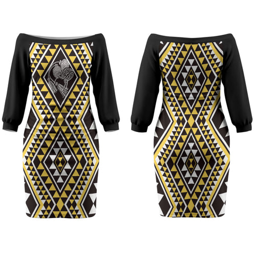 New Zealand Kowhai Taniko Motifs Family Matching Off The Shoulder Long Sleeve Dress and Hawaiian Shirt Maori Poi Dance Costume Inspired