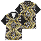 New Zealand Kowhai Taniko Motifs Family Matching Off The Shoulder Long Sleeve Dress and Hawaiian Shirt Maori Poi Dance Costume Inspired