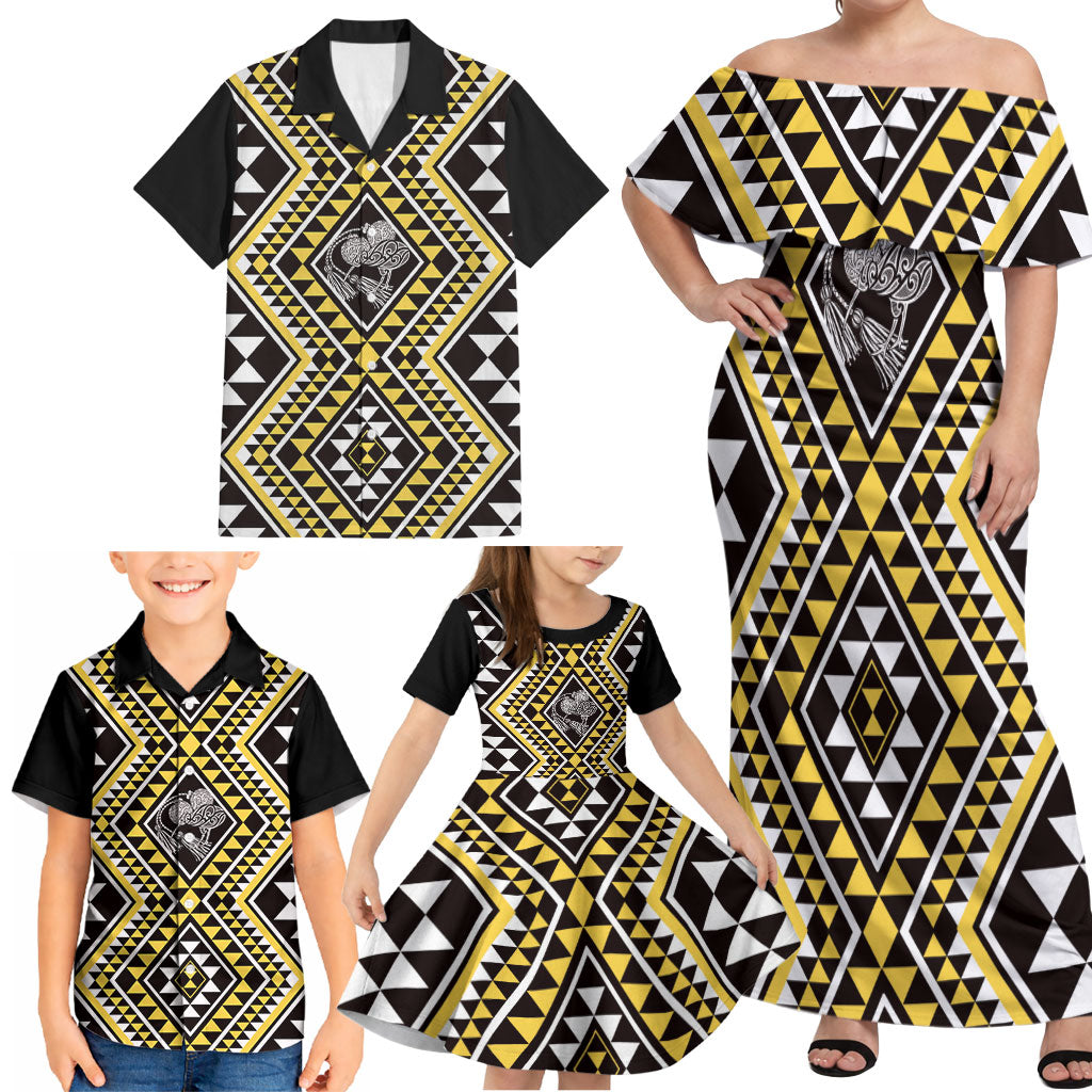 New Zealand Kowhai Taniko Motifs Family Matching Off Shoulder Maxi Dress and Hawaiian Shirt Maori Poi Dance Costume Inspired