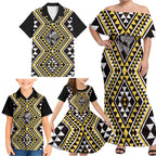 New Zealand Kowhai Taniko Motifs Family Matching Off Shoulder Maxi Dress and Hawaiian Shirt Maori Poi Dance Costume Inspired