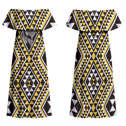 New Zealand Kowhai Taniko Motifs Family Matching Off Shoulder Maxi Dress and Hawaiian Shirt Maori Poi Dance Costume Inspired