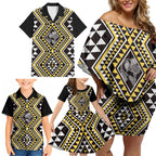 New Zealand Kowhai Taniko Motifs Family Matching Off Shoulder Short Dress and Hawaiian Shirt Maori Poi Dance Costume Inspired