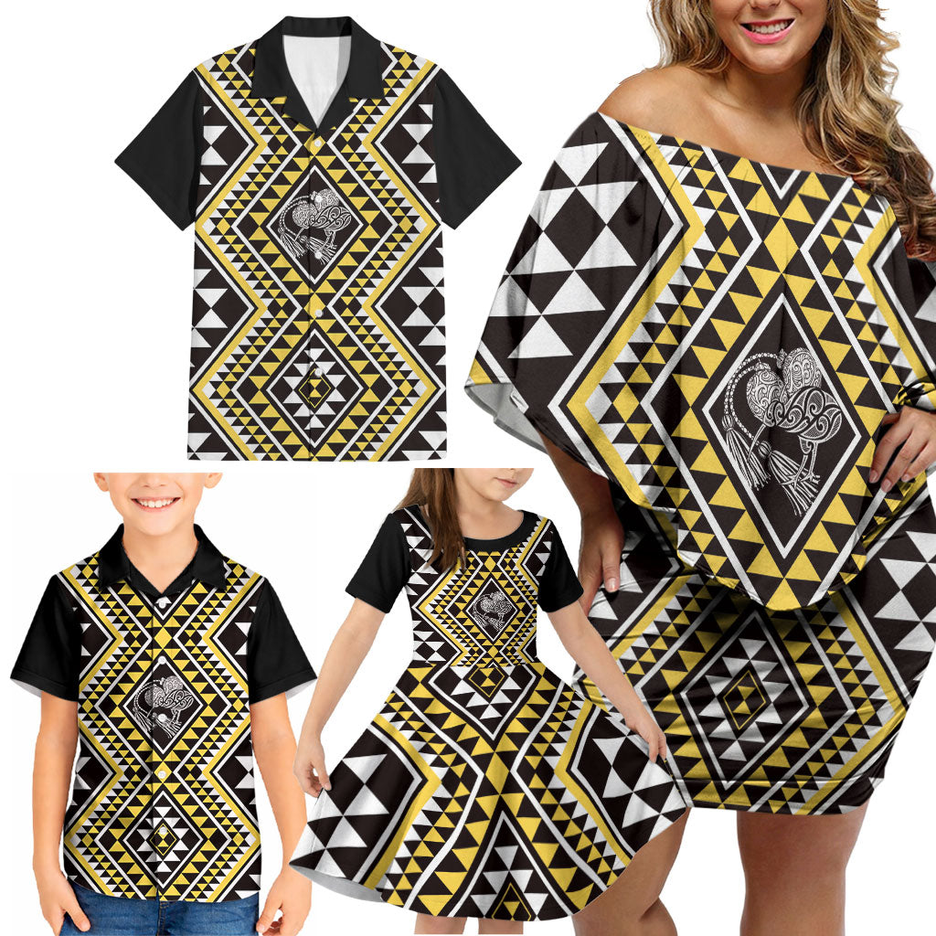 New Zealand Kowhai Taniko Motifs Family Matching Off Shoulder Short Dress and Hawaiian Shirt Maori Poi Dance Costume Inspired