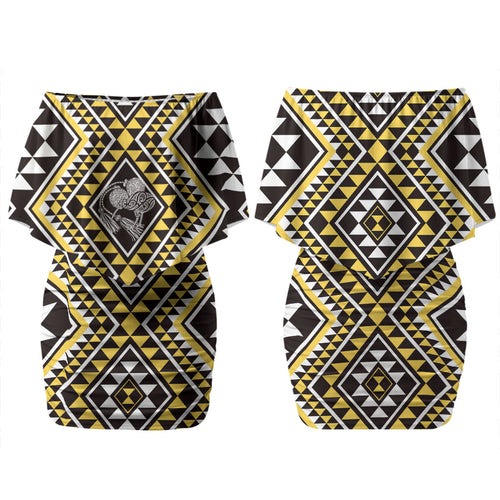 New Zealand Kowhai Taniko Motifs Family Matching Off Shoulder Short Dress and Hawaiian Shirt Maori Poi Dance Costume Inspired
