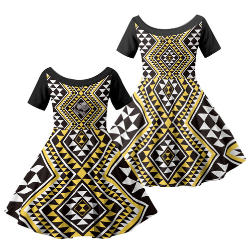 New Zealand Kowhai Taniko Motifs Family Matching Off Shoulder Short Dress and Hawaiian Shirt Maori Poi Dance Costume Inspired