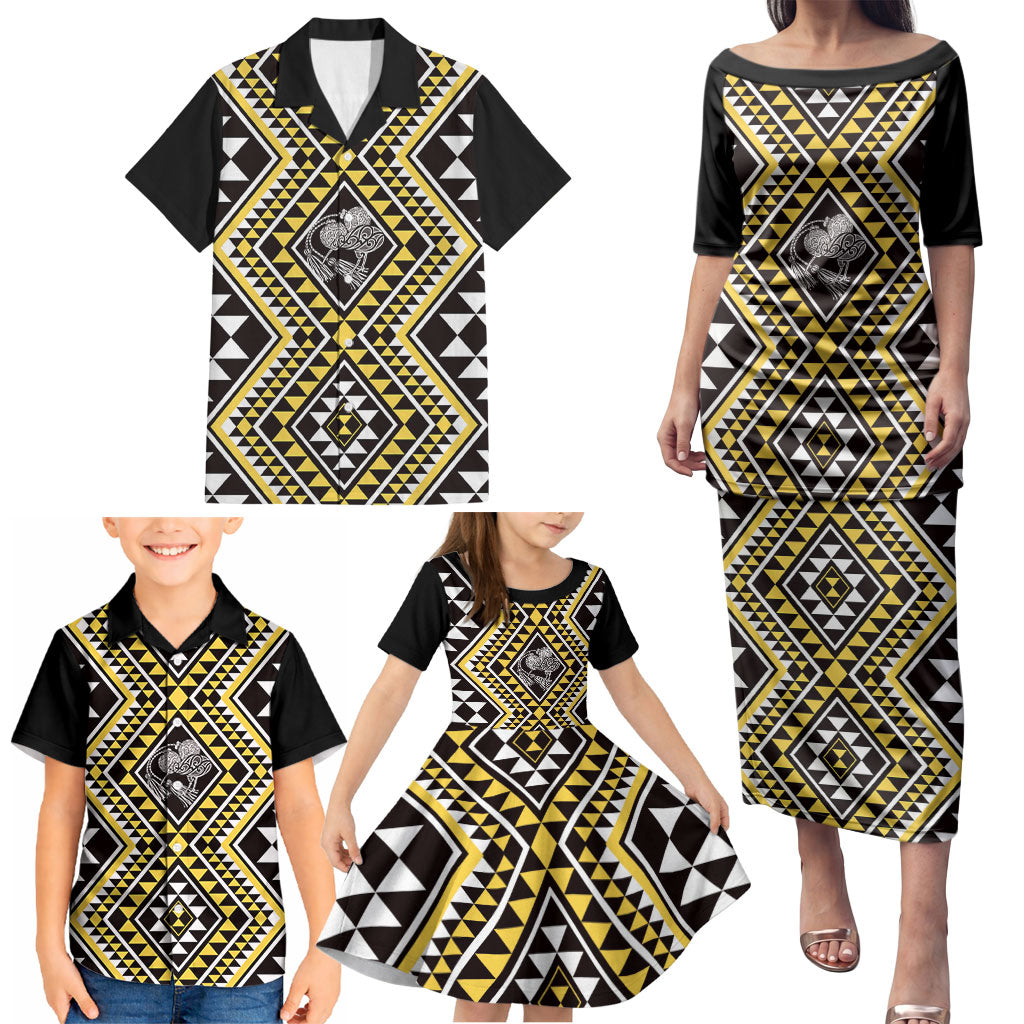 New Zealand Kowhai Taniko Motifs Family Matching Puletasi and Hawaiian Shirt Maori Poi Dance Costume Inspired