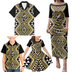 New Zealand Kowhai Taniko Motifs Family Matching Puletasi and Hawaiian Shirt Maori Poi Dance Costume Inspired