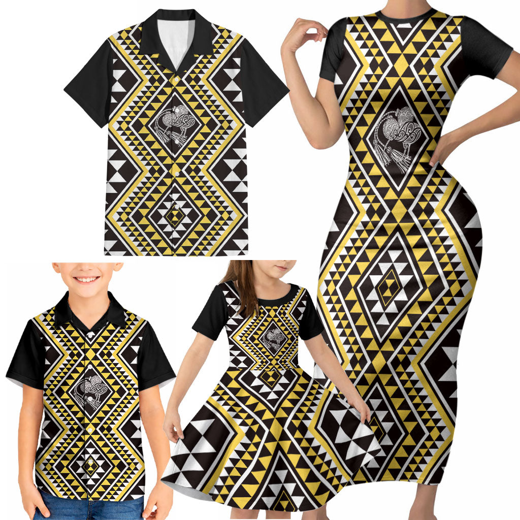 New Zealand Kowhai Taniko Motifs Family Matching Short Sleeve Bodycon Dress and Hawaiian Shirt Maori Poi Dance Costume Inspired