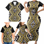 New Zealand Kowhai Taniko Motifs Family Matching Short Sleeve Bodycon Dress and Hawaiian Shirt Maori Poi Dance Costume Inspired