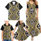 New Zealand Kowhai Taniko Motifs Family Matching Summer Maxi Dress and Hawaiian Shirt Maori Poi Dance Costume Inspired
