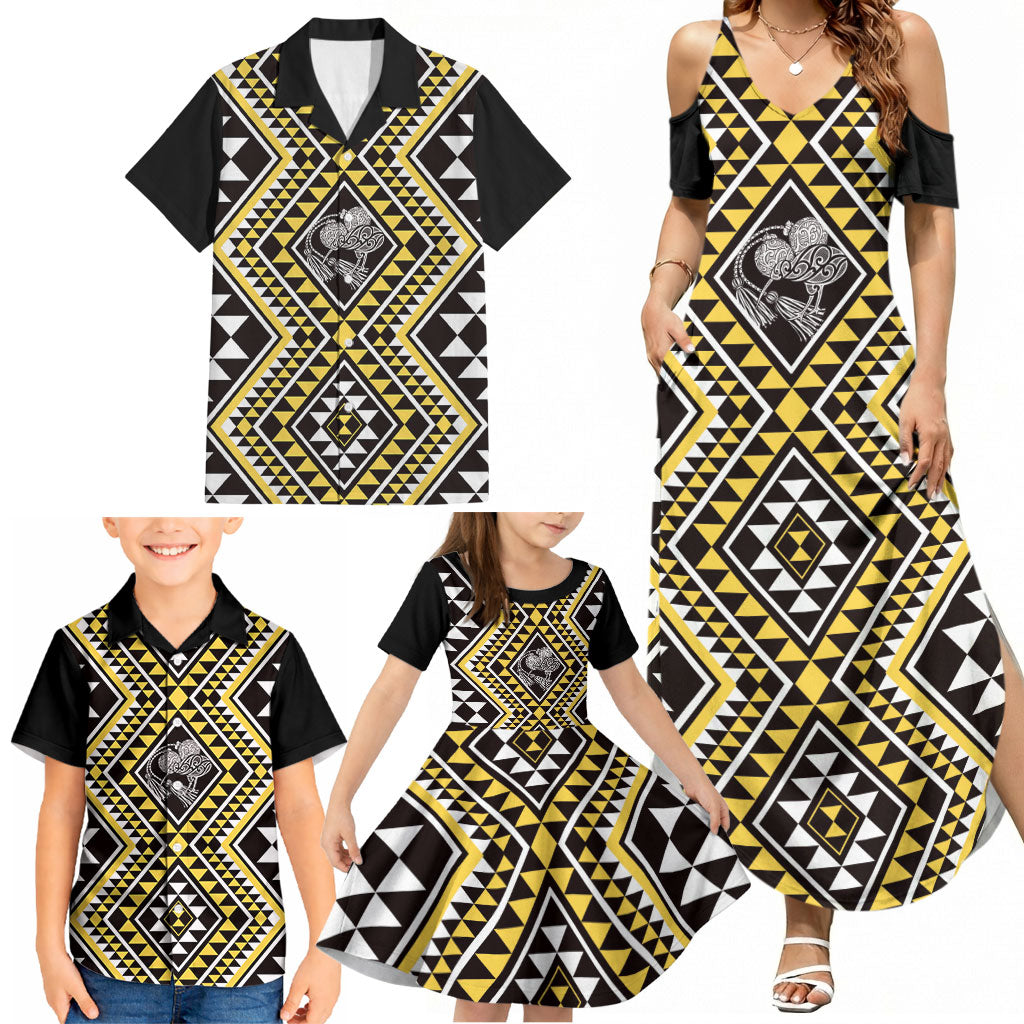 New Zealand Kowhai Taniko Motifs Family Matching Summer Maxi Dress and Hawaiian Shirt Maori Poi Dance Costume Inspired