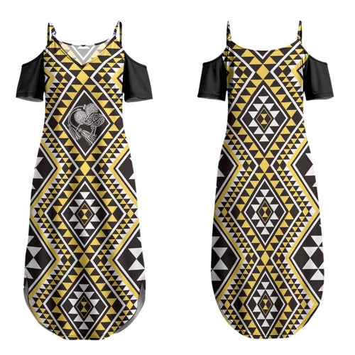 New Zealand Kowhai Taniko Motifs Family Matching Summer Maxi Dress and Hawaiian Shirt Maori Poi Dance Costume Inspired