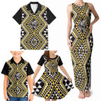 New Zealand Kowhai Taniko Motifs Family Matching Tank Maxi Dress and Hawaiian Shirt Maori Poi Dance Costume Inspired