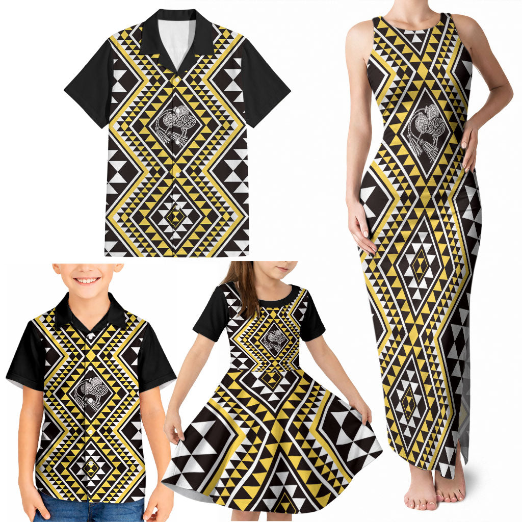 New Zealand Kowhai Taniko Motifs Family Matching Tank Maxi Dress and Hawaiian Shirt Maori Poi Dance Costume Inspired