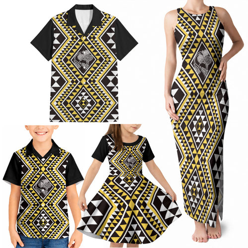 New Zealand Kowhai Taniko Motifs Family Matching Tank Maxi Dress and Hawaiian Shirt Maori Poi Dance Costume Inspired