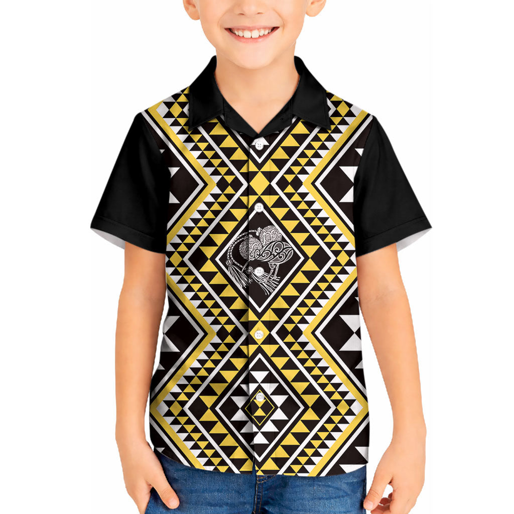 New Zealand Kowhai Taniko Motifs Kid Hawaiian Shirt Maori Poi Dance Costume Inspired