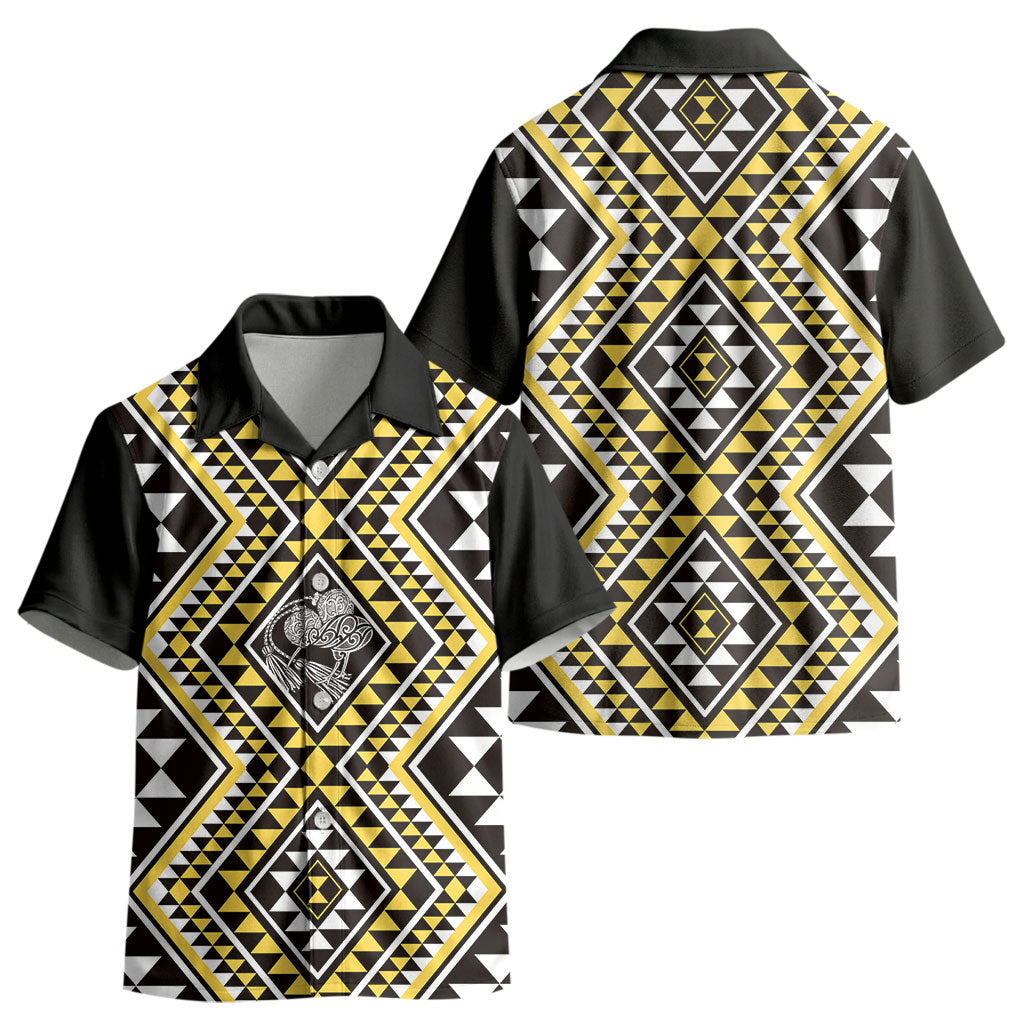 New Zealand Kowhai Taniko Motifs Kid Hawaiian Shirt Maori Poi Dance Costume Inspired