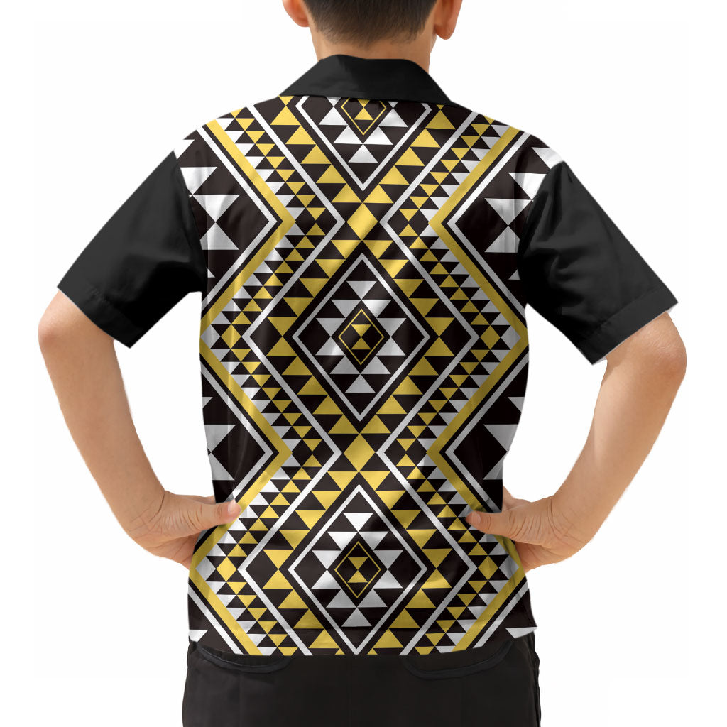 New Zealand Kowhai Taniko Motifs Kid Hawaiian Shirt Maori Poi Dance Costume Inspired