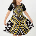 New Zealand Kowhai Taniko Motifs Kid Short Sleeve Dress Maori Poi Dance Costume Inspired