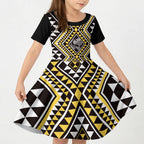 New Zealand Kowhai Taniko Motifs Kid Short Sleeve Dress Maori Poi Dance Costume Inspired