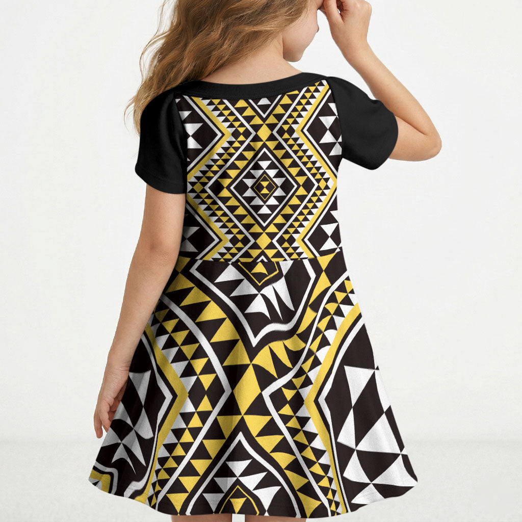 New Zealand Kowhai Taniko Motifs Kid Short Sleeve Dress Maori Poi Dance Costume Inspired