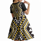 New Zealand Kowhai Taniko Motifs Kid Short Sleeve Dress Maori Poi Dance Costume Inspired