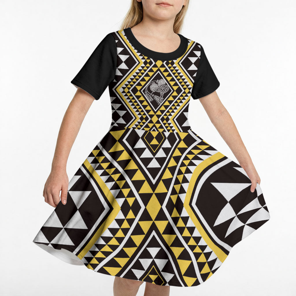 New Zealand Kowhai Taniko Motifs Kid Short Sleeve Dress Maori Poi Dance Costume Inspired