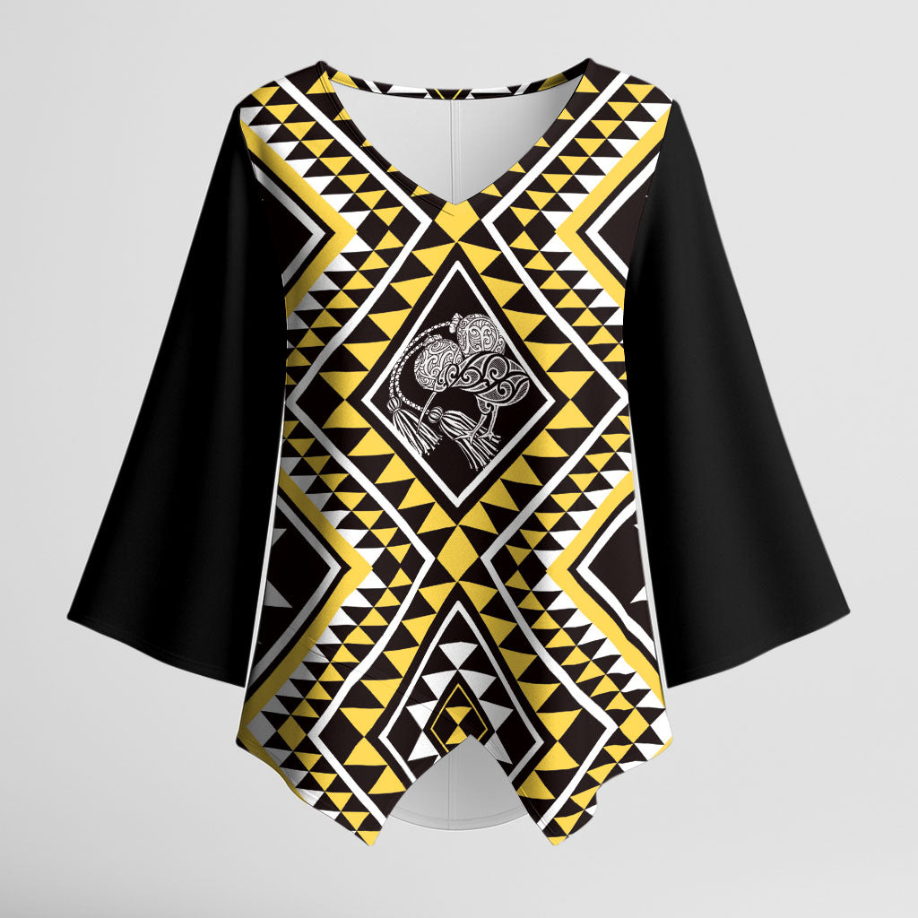 New Zealand Kowhai Taniko Motifs Kimono Sleeve Blouse Maori Poi Dance Costume Inspired