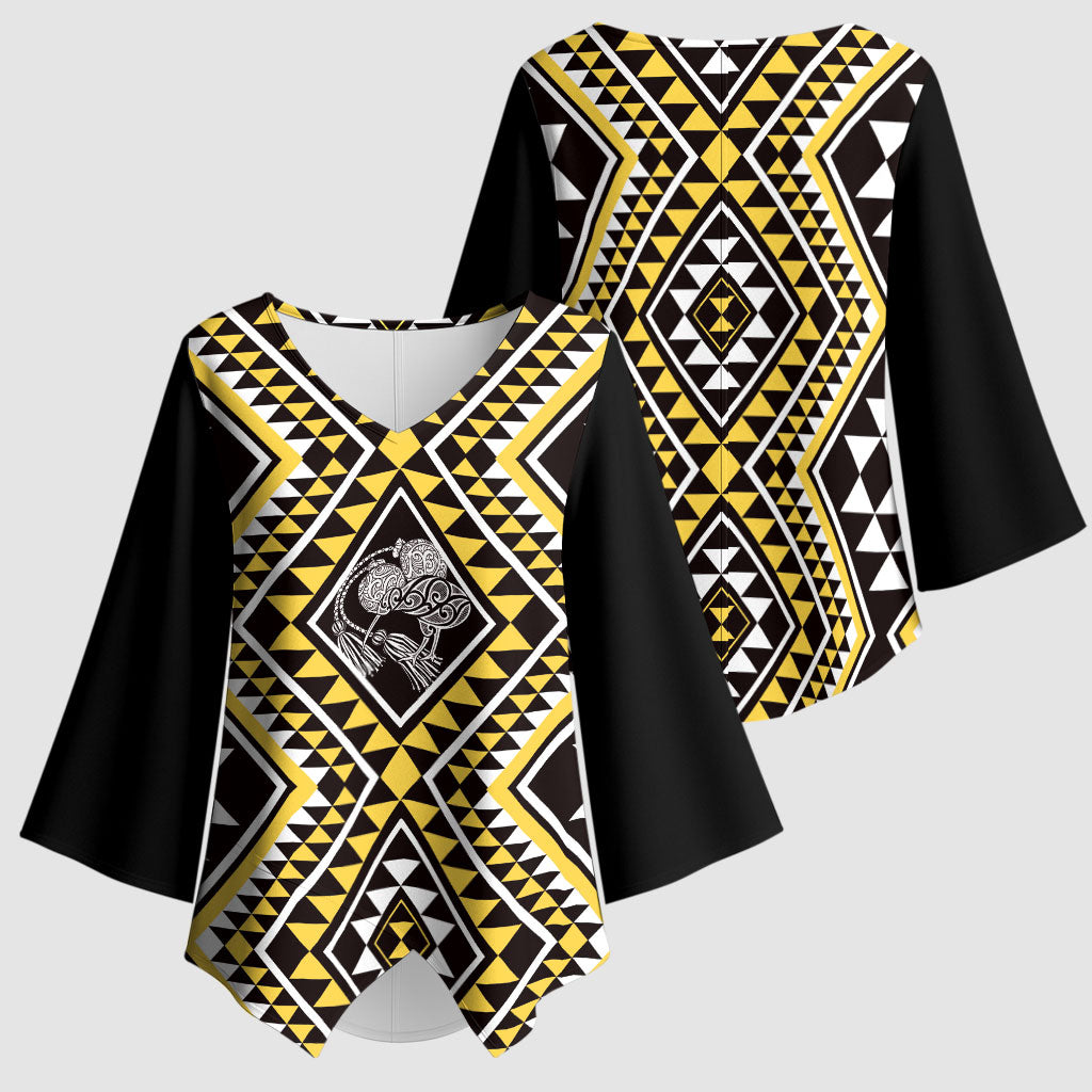 New Zealand Kowhai Taniko Motifs Kimono Sleeve Blouse Maori Poi Dance Costume Inspired