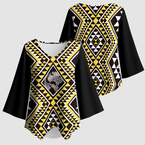 New Zealand Kowhai Taniko Motifs Kimono Sleeve Blouse Maori Poi Dance Costume Inspired
