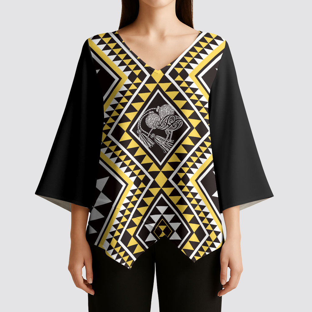 New Zealand Kowhai Taniko Motifs Kimono Sleeve Blouse Maori Poi Dance Costume Inspired