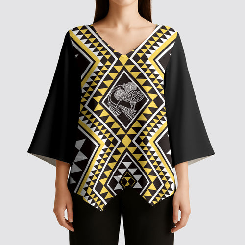 New Zealand Kowhai Taniko Motifs Kimono Sleeve Blouse Maori Poi Dance Costume Inspired