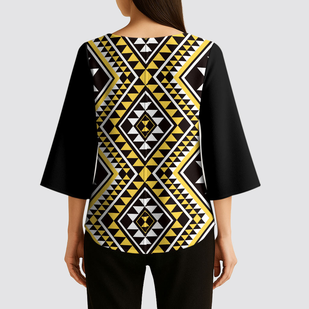 New Zealand Kowhai Taniko Motifs Kimono Sleeve Blouse Maori Poi Dance Costume Inspired
