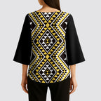 New Zealand Kowhai Taniko Motifs Kimono Sleeve Blouse Maori Poi Dance Costume Inspired