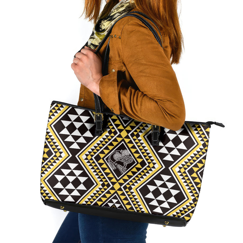 New Zealand Kowhai Taniko Motifs Leather Tote Bag Maori Poi Dance Costume Inspired