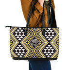 New Zealand Kowhai Taniko Motifs Leather Tote Bag Maori Poi Dance Costume Inspired