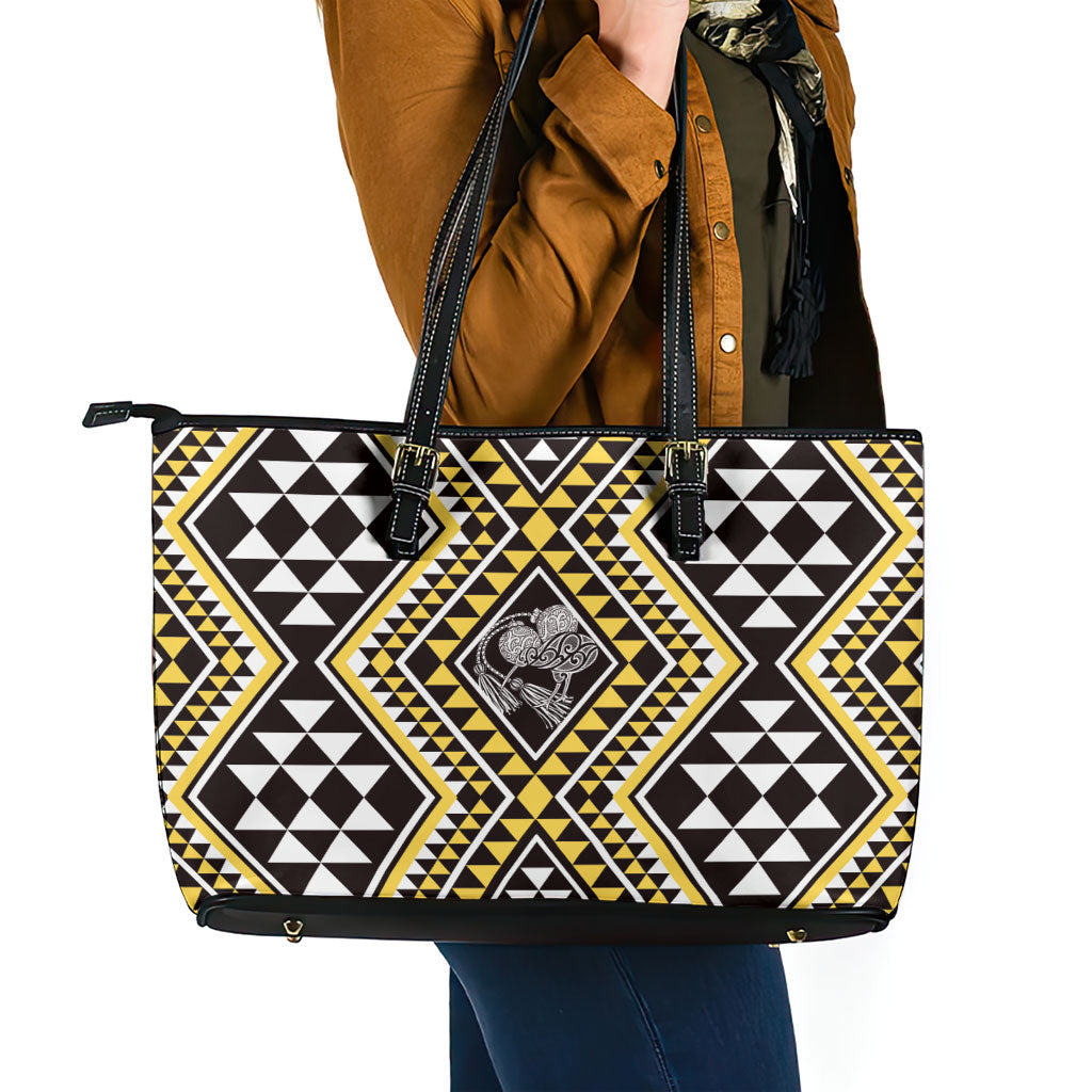 New Zealand Kowhai Taniko Motifs Leather Tote Bag Maori Poi Dance Costume Inspired