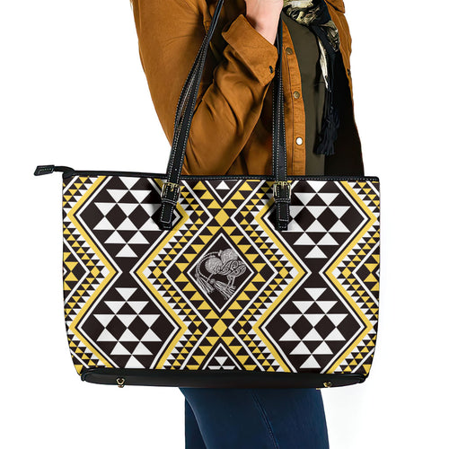 New Zealand Kowhai Taniko Motifs Leather Tote Bag Maori Poi Dance Costume Inspired