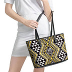 New Zealand Kowhai Taniko Motifs Leather Tote Bag Maori Poi Dance Costume Inspired