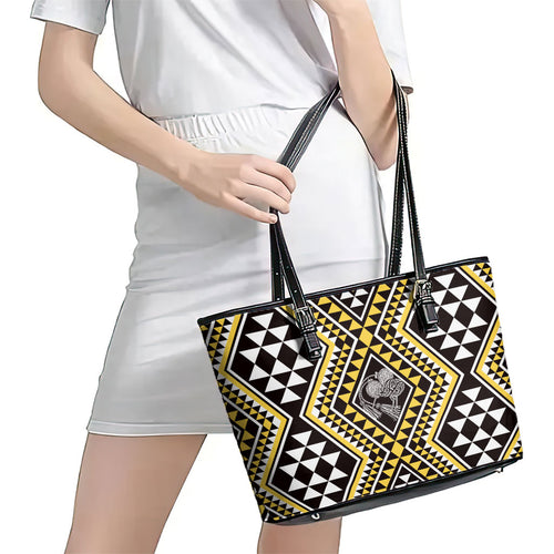 New Zealand Kowhai Taniko Motifs Leather Tote Bag Maori Poi Dance Costume Inspired
