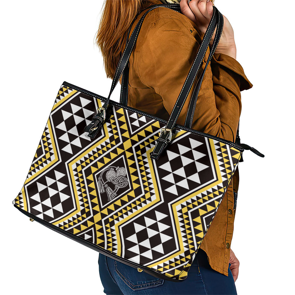 New Zealand Kowhai Taniko Motifs Leather Tote Bag Maori Poi Dance Costume Inspired