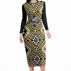 New Zealand Kowhai Taniko Motifs Long Sleeve Bodycon Dress Maori Poi Dance Costume Inspired