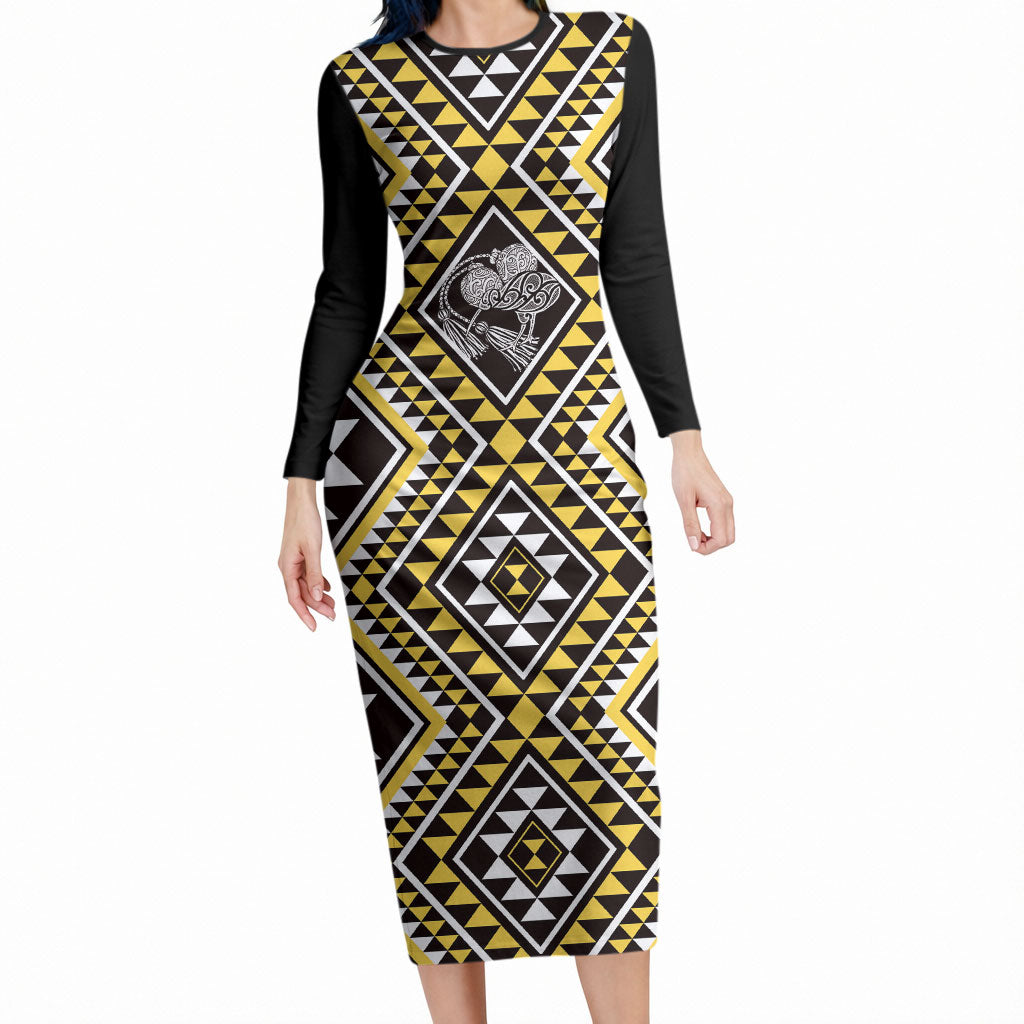 New Zealand Kowhai Taniko Motifs Long Sleeve Bodycon Dress Maori Poi Dance Costume Inspired
