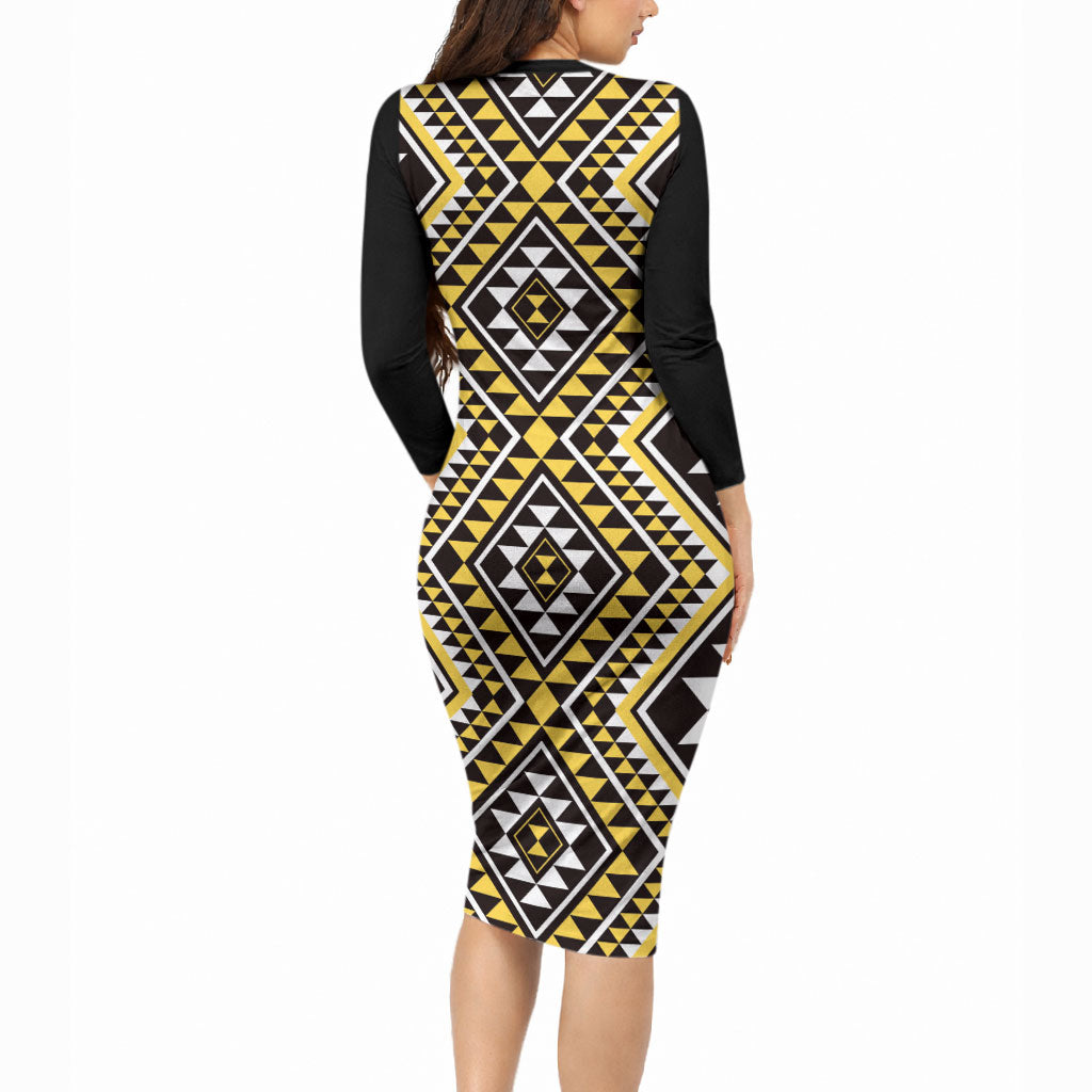 New Zealand Kowhai Taniko Motifs Long Sleeve Bodycon Dress Maori Poi Dance Costume Inspired