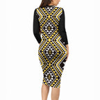 New Zealand Kowhai Taniko Motifs Long Sleeve Bodycon Dress Maori Poi Dance Costume Inspired