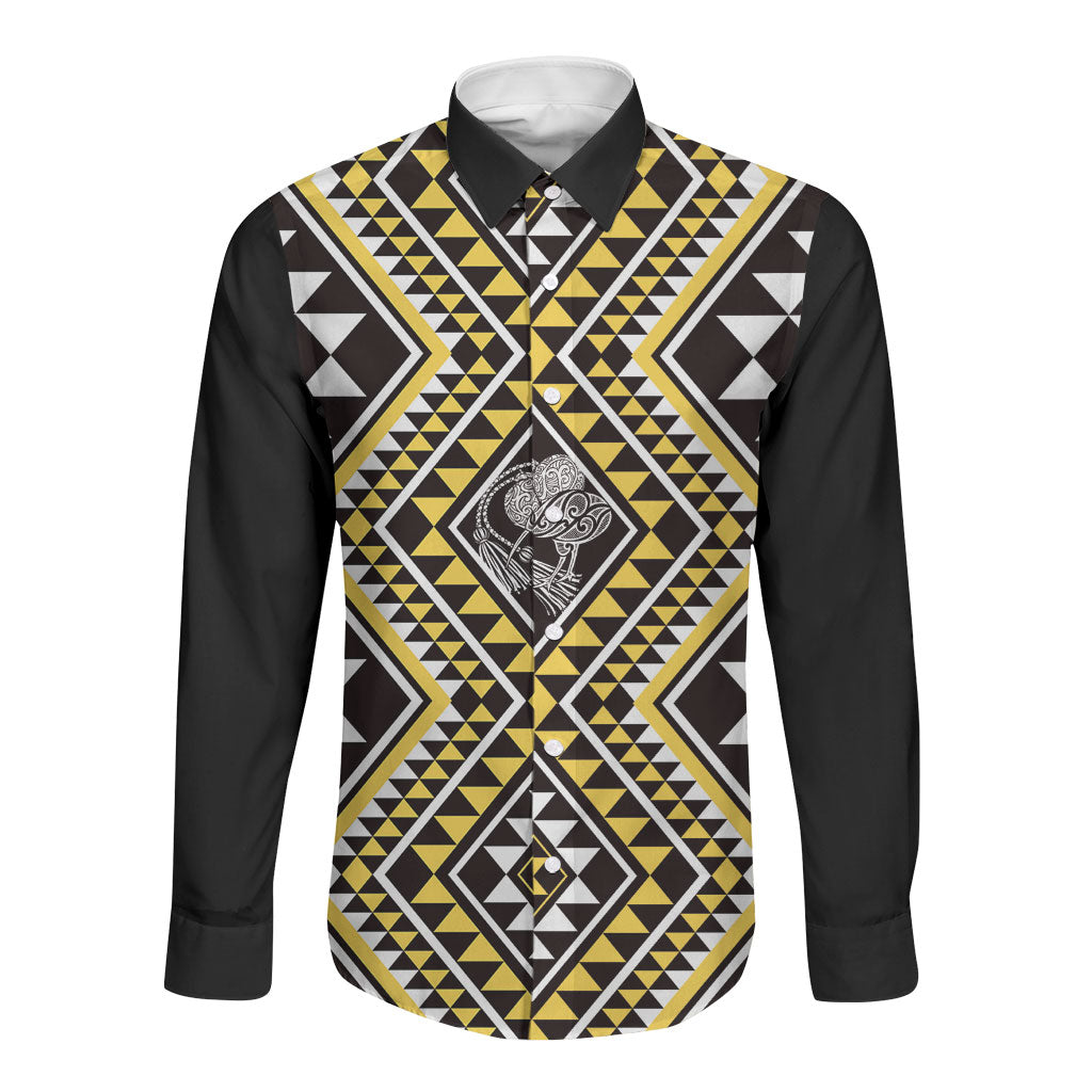 New Zealand Kowhai Taniko Motifs Long Sleeve Button Shirt Maori Poi Dance Costume Inspired