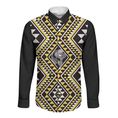 New Zealand Kowhai Taniko Motifs Long Sleeve Button Shirt Maori Poi Dance Costume Inspired