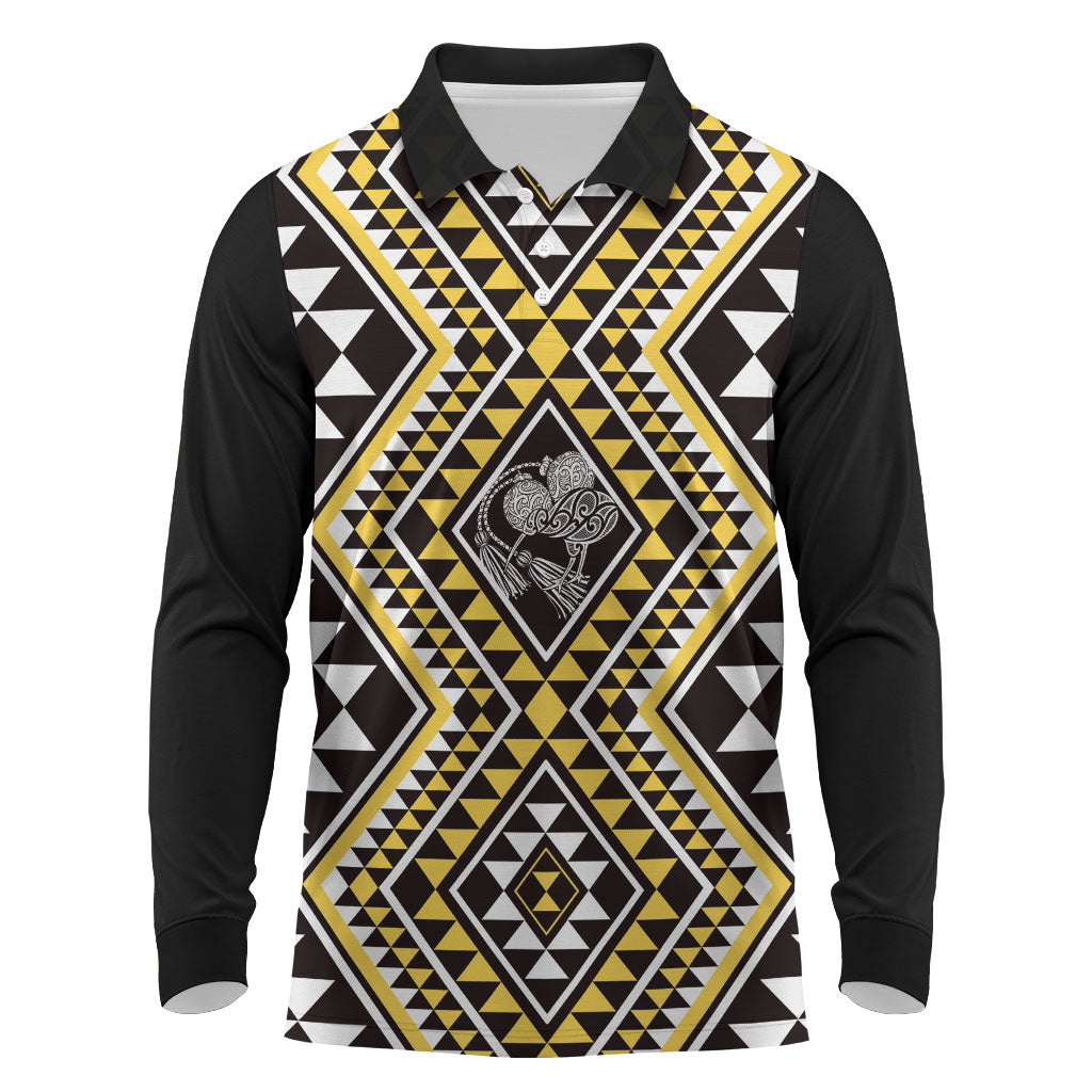 New Zealand Kowhai Taniko Motifs Long Sleeve Polo Shirt Maori Poi Dance Costume Inspired
