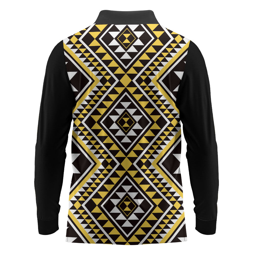 New Zealand Kowhai Taniko Motifs Long Sleeve Polo Shirt Maori Poi Dance Costume Inspired