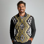 New Zealand Kowhai Taniko Motifs Long Sleeve Polo Shirt Maori Poi Dance Costume Inspired